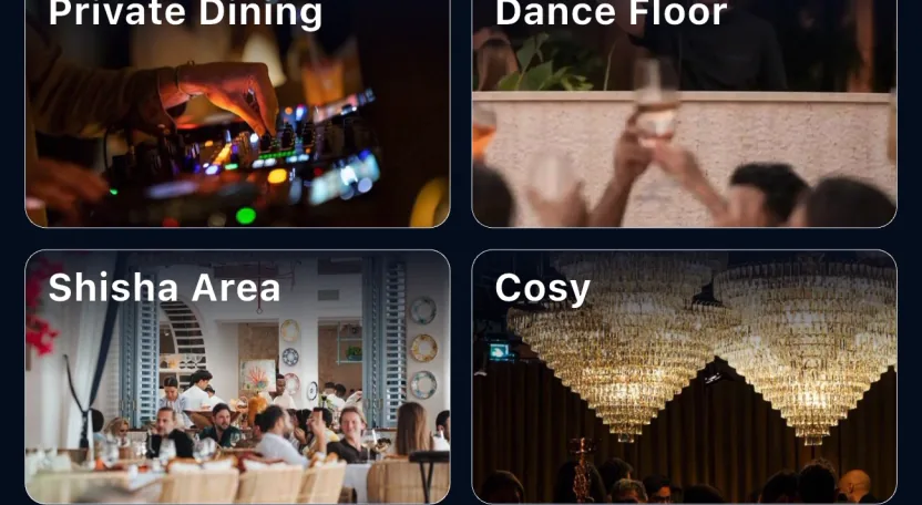 Mood tiles in Discover: private dining, dance floor, shisha, cosy
